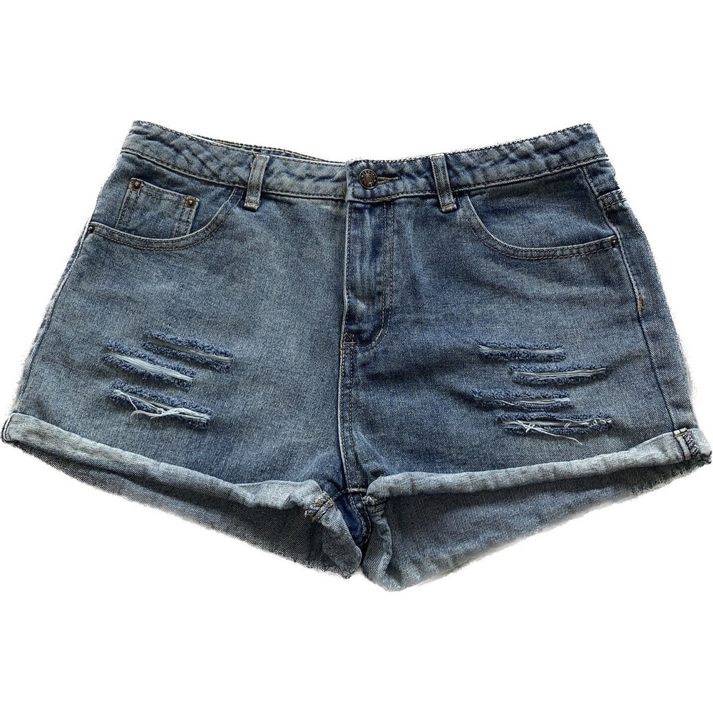 Denim Shorts Distressed Roll Hem Women Size Large Blue Medium Wash Mid Rise
